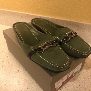Green suede Cole Haan mules